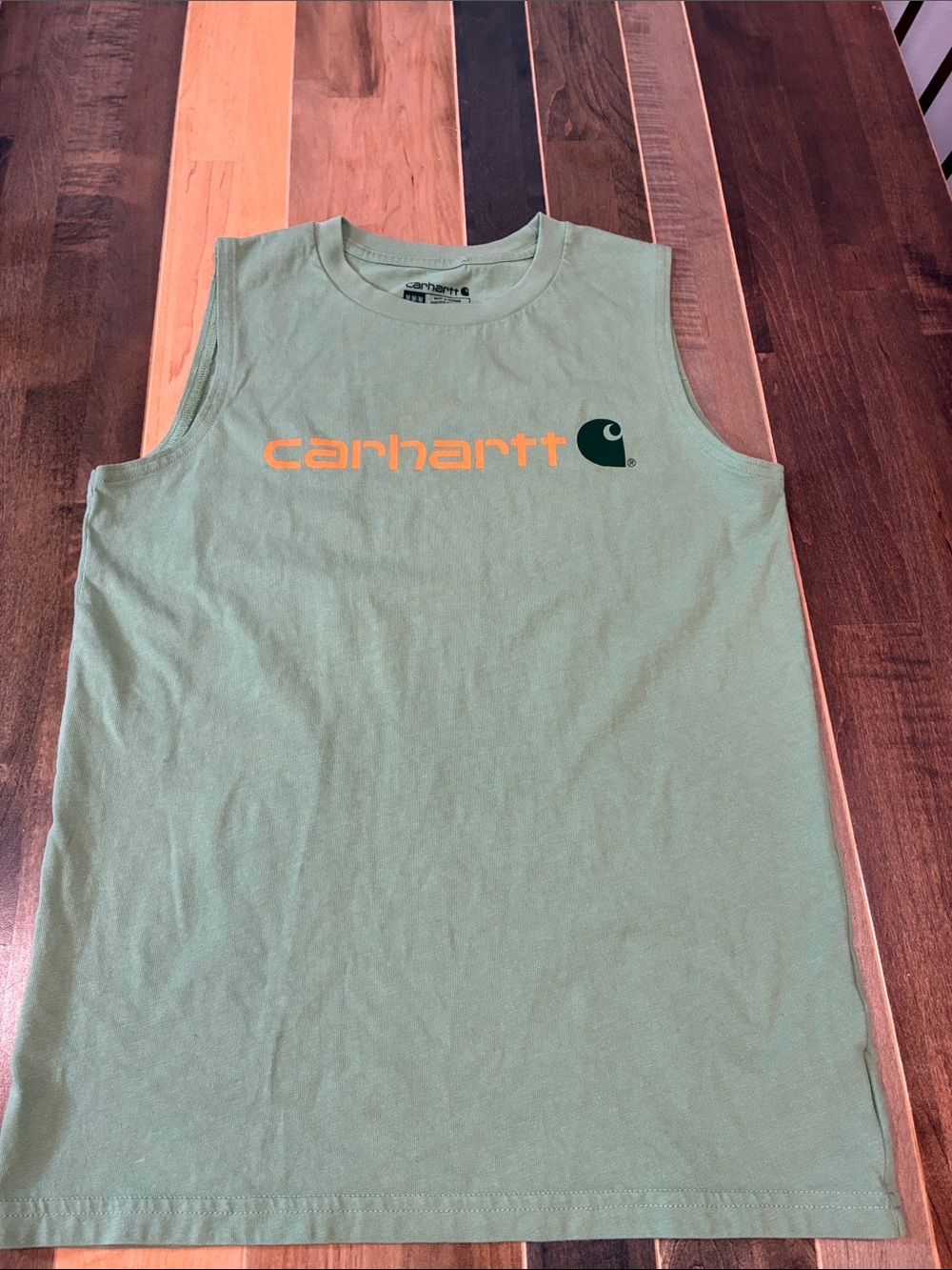 Carhartt Men's Sleeveless Logo Tank - Olive with Orange Logo